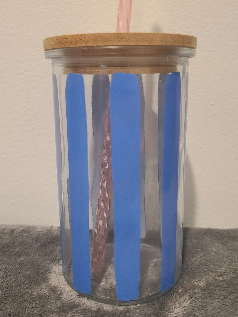 Tumbler Stripes Blue Glass Bamboo Reusable